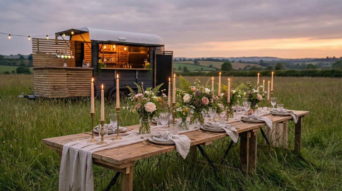 Romantic outdoor dining table setup at twilight